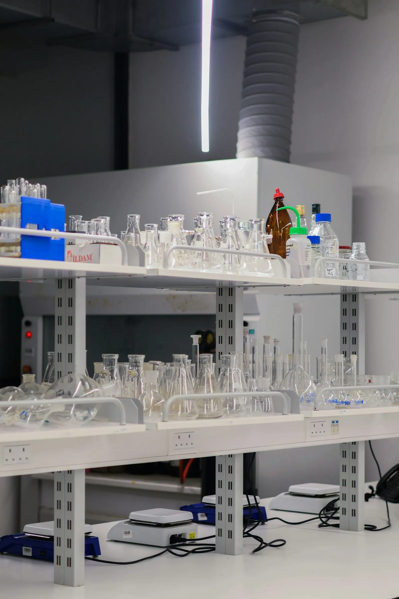 Lab glassware on shelves