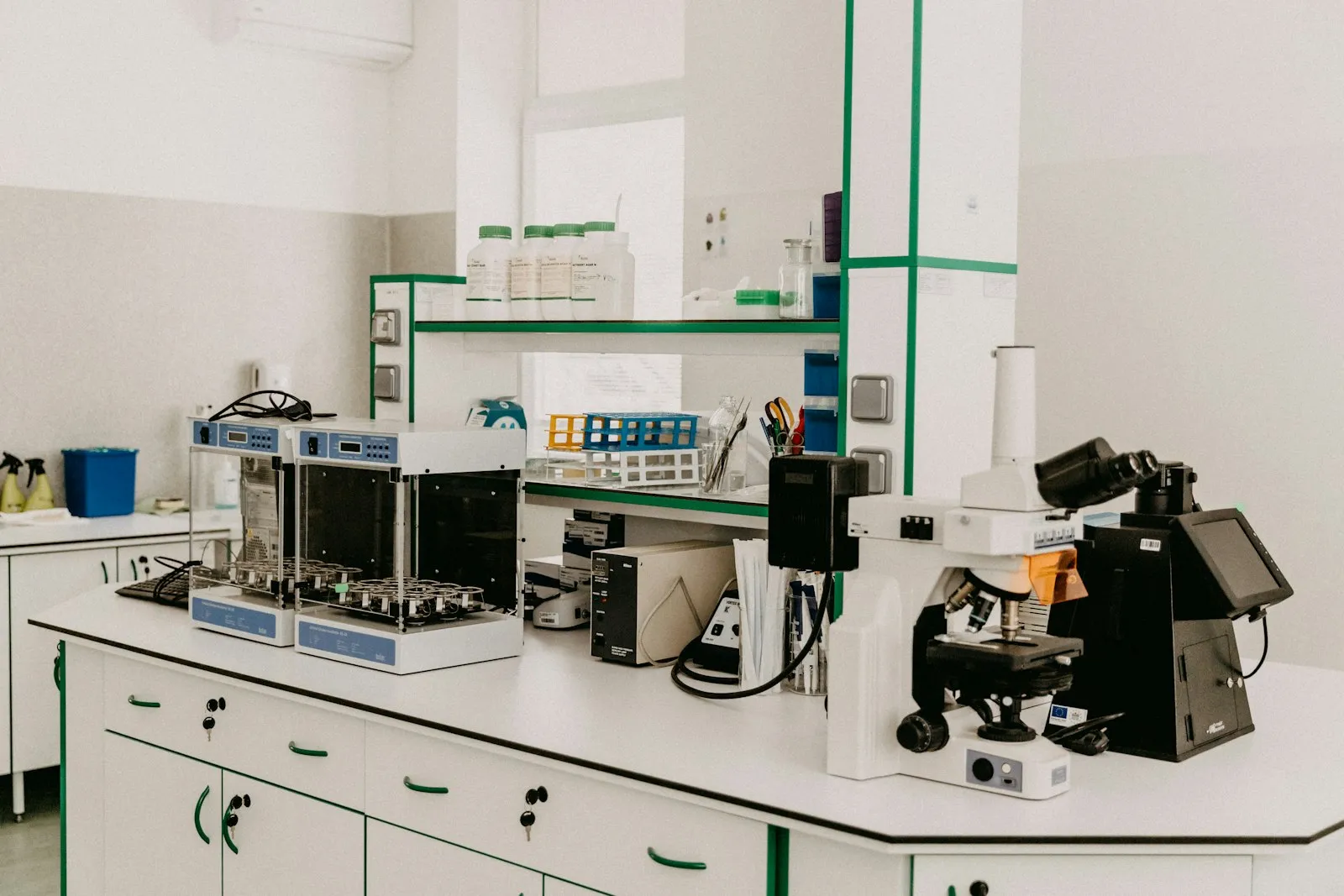 A microscope on a clean lab bench